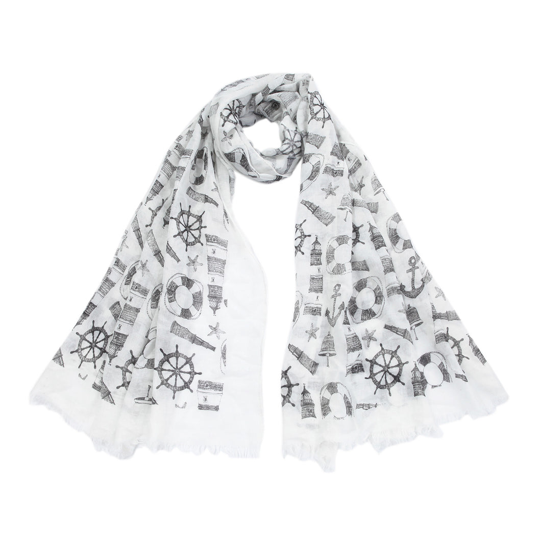 Elegant Anchor & Rudder Print Frayed End Scarf Wrap - Diff Colors Available