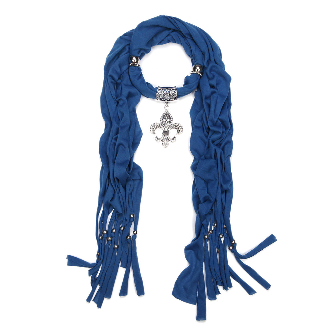 Elegant Charm Pendant Jewelry Necklace Scarf w- Fleur de lis Medallion
