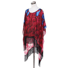 Load image into Gallery viewer, Large Wide Chiffon Feather Fringe Kimono Wrap Poncho Blouse Beach Cover Up
