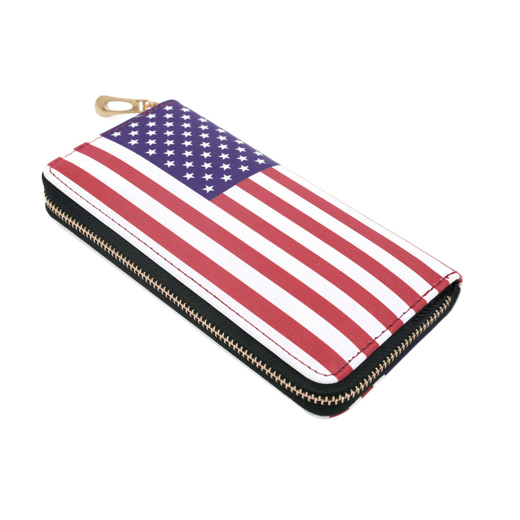 Premium USA US American Flag Print PU Leather Zip Around Wallet