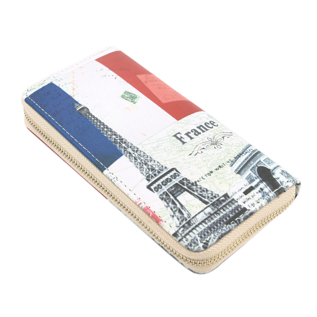 Premium Vintage France Flag Eiffel Tower City Print PU Leather Zip Around Wallet