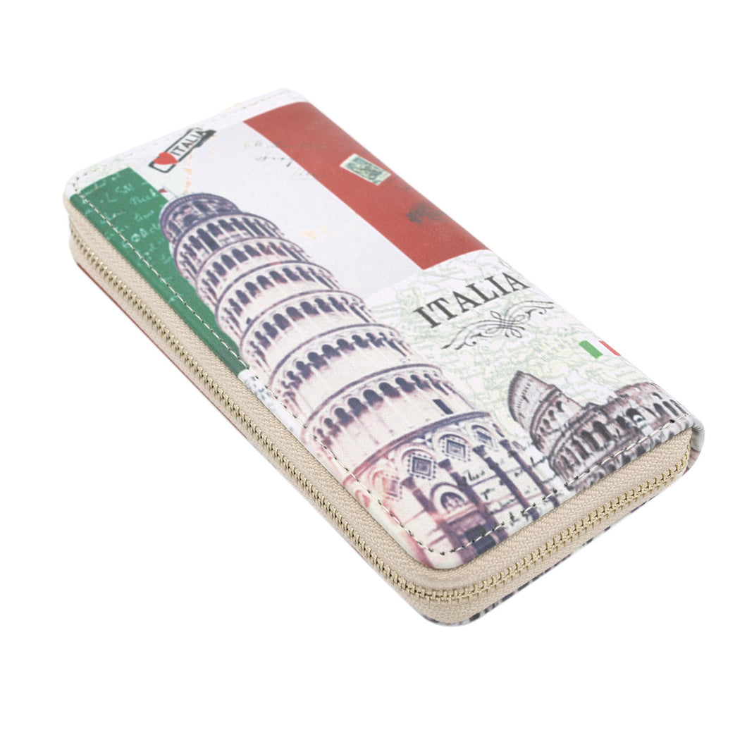 Premium Italy Flag Pisa Tower City Landmark Print PU Leather Zip Around Wallet