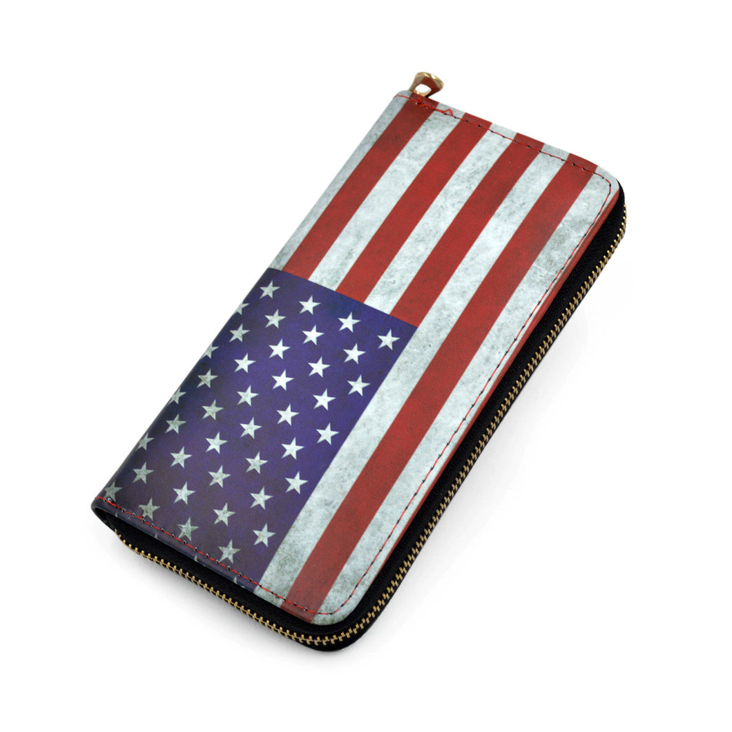 Premium Vintage USA US American Flag Print PU Leather Zip Around Wallet