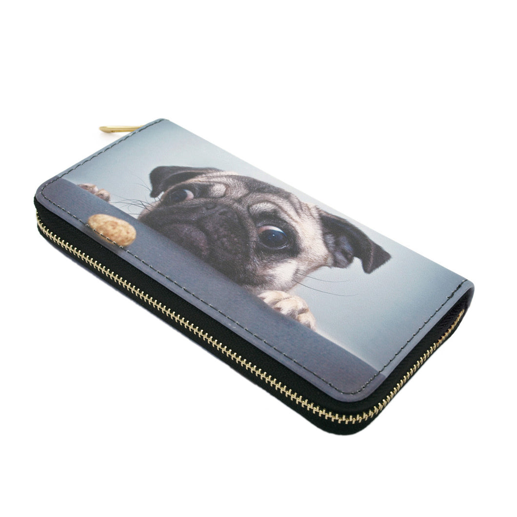 Premium Pug & Treat Cute Puppy Dog Animal Print PU Leather Zip Around Wallet