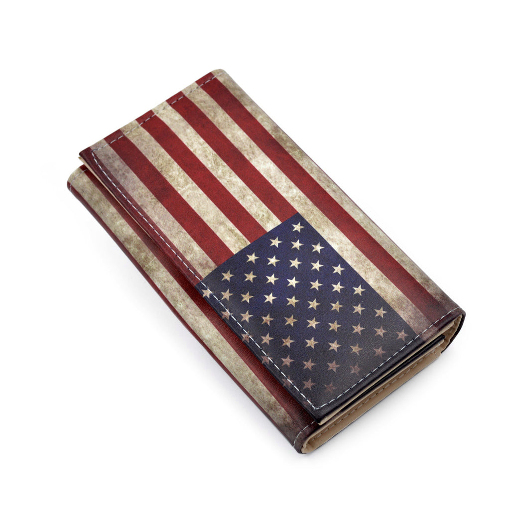 Premium Vintage US USA American Flag Print PU Leather Continental Wallet