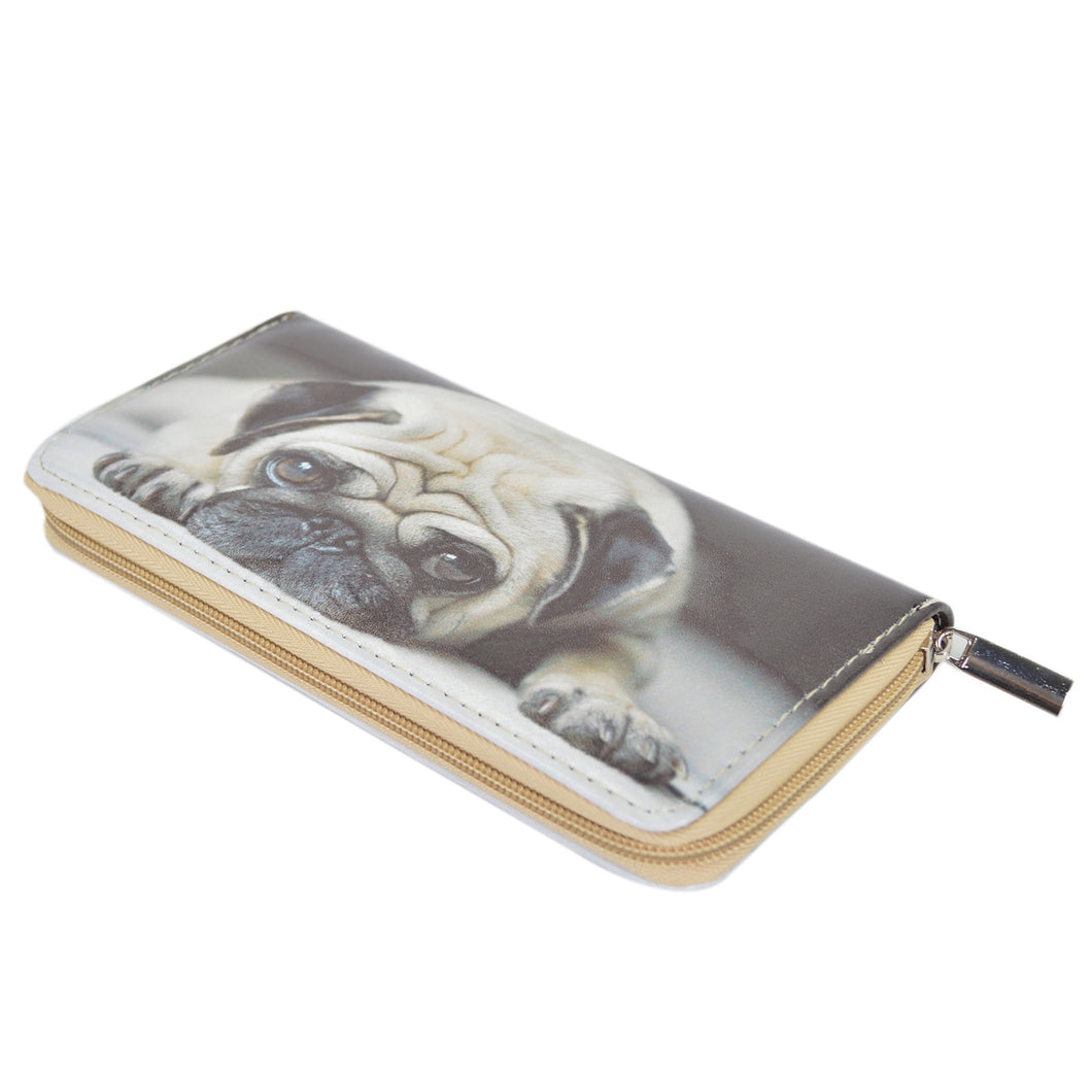 Pug Puppy Dog Animal Print PU Leather Zip Around Wallet