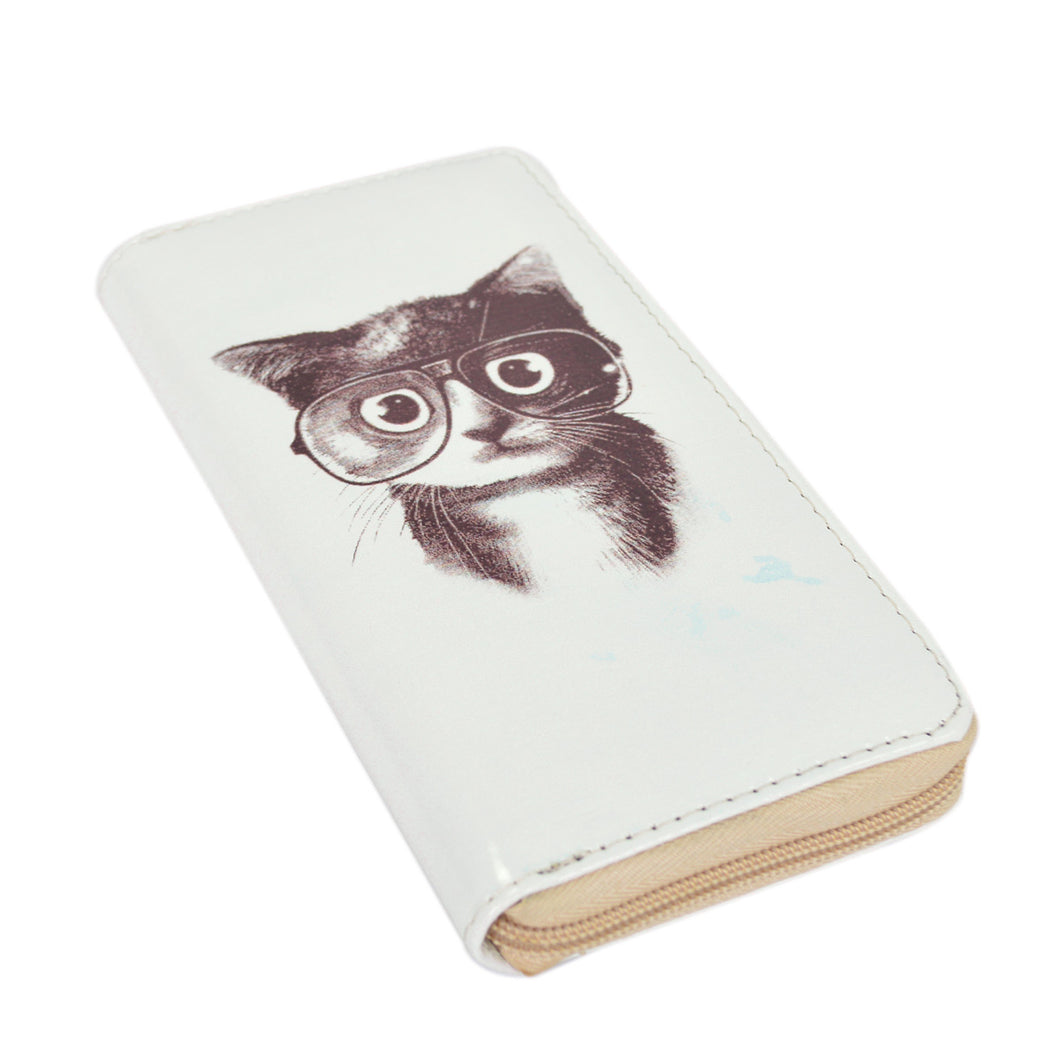 Cute Kitty Cat with Glasses Animal Print PU Leather Zip Around Wallet