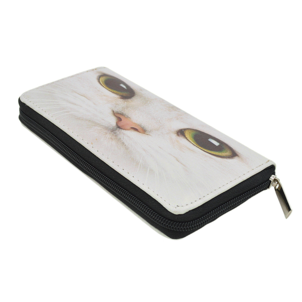 White Kitty Cat Face Animal Print PU Leather Zip Around Wallet